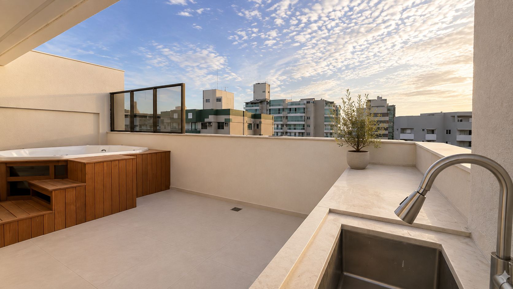 Área gourmet da Cobertura Linear com vista para Jardim Camburi, prédio novo em Vitória